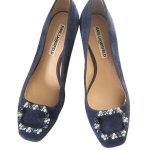 KARL LAGERFELD Paris Hadley Navy Blue Suede Embellished Pumps